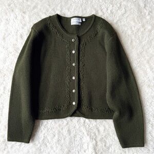 VTG Aston Woman Forest Green 100% Wool Hand Frame Knit Cardigan Sweater MEDIUM